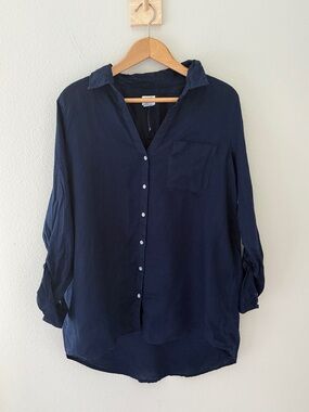 Sigrid Olsen 100% Linen Navy Button-Down Relaxed Shirt Size Medium